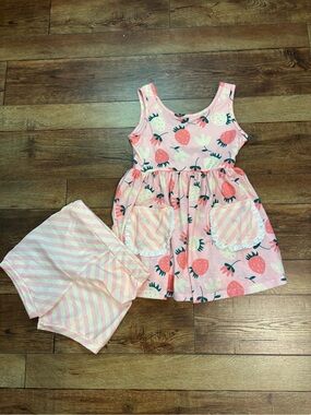 Pink Strawberry Print Girls' Matching Set with Striped Shorts